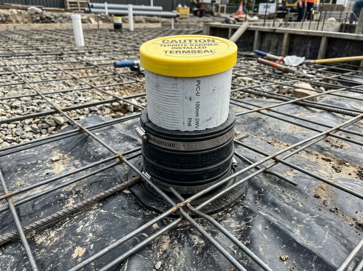 Termite penetration collar installed around plumbing service pipe before concrete pour