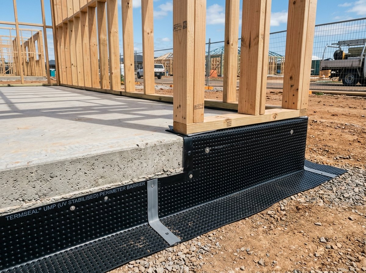 Termseal perimeter termite barrier sheet installed on slab edge