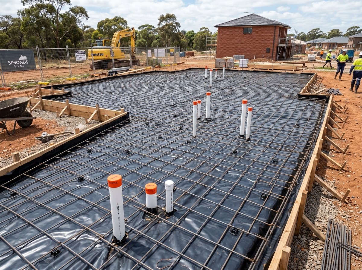 Pre-slab preparation with termite pipe penetration collars and rebar mesh