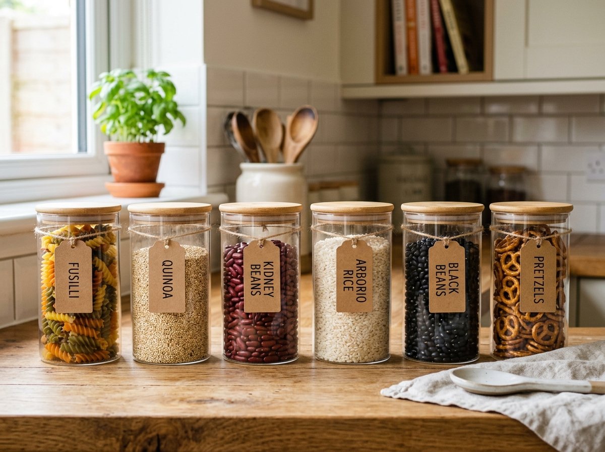 Airtight glass jars storing pantry food on clean kitchen countertop